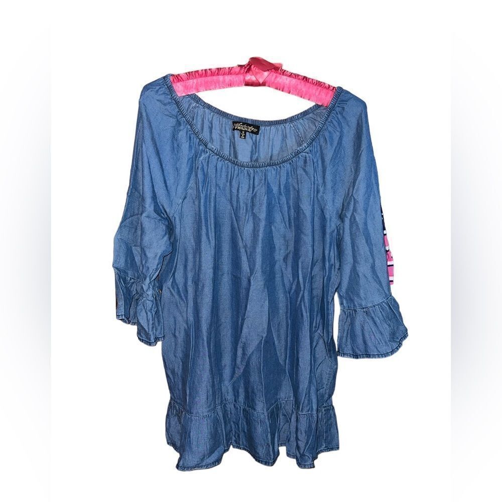 Absolutely Famous medium wash chambray boho peasant shirt with boat‎ neck medium